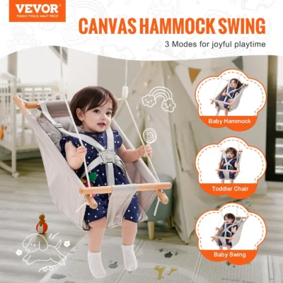 VEVOR Canvas Hammock Swing - 3 Modes Baby Swing with 5-Point Harness, Indoor & Outdoor, Heavy Duty, High Back, Easy Installation