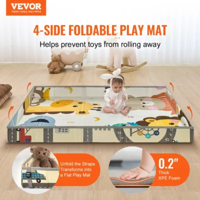 VEVOR Reversible Baby Play Mat 59"x71" | Soft Kids Crawling Activity Floor Mat | Easy to Clean & Fold | Safe, Non-Toxic | Double-Sided Playmat for Indoor & Outdoor Use