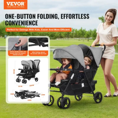 VEVOR Double Stroller - Foldable Lightweight Twin Tandem Stroller, Dark Gray, Ideal for Comfortable and Safe Travel