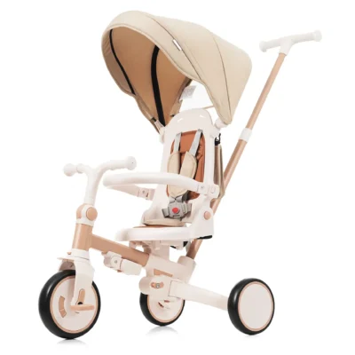 7-in-1 Foldable Baby Tricycle with Adjustable Parent Handle, Removable Pedal, Canopy & Guardrail - Light Brown
