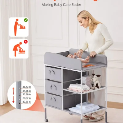 Baby Changing Table Portable Diaper Change Station with 3 Drawers & Wheels