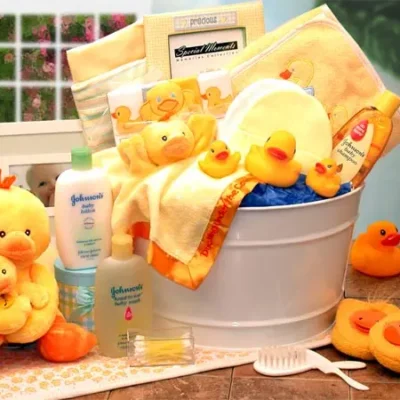 Bath Time Deluxe Baby Gift Basket in Yellow | Perfect New Baby Gift with Plush Ducks & Essentials