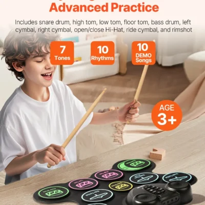 Portable 9-Pad Electric Drum Set for Kids - Built-In Speakers, Headphone Jack, and Pedals