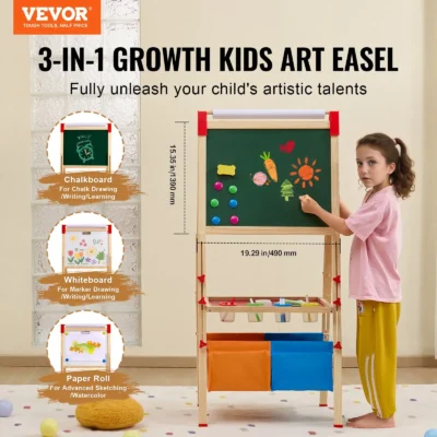 VEVOR 3-in-1 Kids Art Easel - Double-Sided Wooden Easel with Magnetic Whiteboard & Chalkboard, Adjustable Height, Non-Slip Feet | Perfect Gift for Ages 3-14