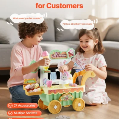 VEVOR Ice Cream Cart for Kids - Green, Pretend Play Ice Cream Shop Toy with Lights & Sounds, Perfect Gift for Ages 3+