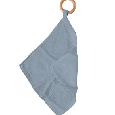 Blue Fog Cotton Newcastle Teether - 100% Cotton Mini Blankies with Removable Beech Wood Ring for Natural Teething Relief