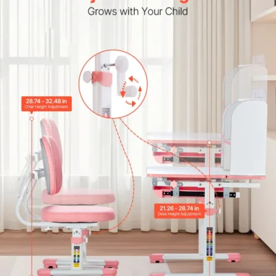 VEVOR Kids Desk and Chair Set - Adjustable Pink Study Desk with Bookshelf & Storage Drawer, Ergonomic, Tilted Desktop, Perfect for Bedroom & Study Room