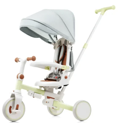 7 in 1 Baby Tricycle - Foldable Toddler Trike with Adjustable Parent Handle, Removable Pedal, Canopy, and Guardrail in Green
