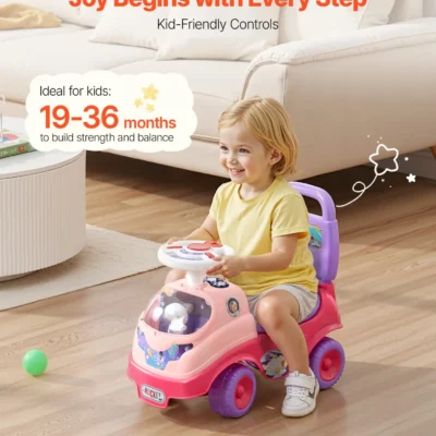 VEVOR Push Car for Toddlers | Ride-On Toy with Horn & Music | 48.5 lbs Load Capacity | Pink Foot-to-Floor Walker | For Boys & Girls Ages 19-36 Months